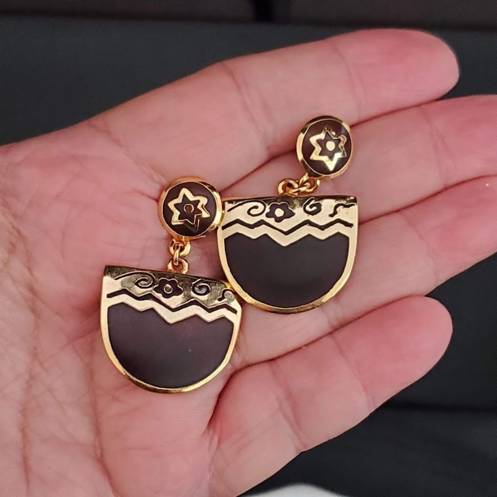 Dario Vintage Gold‎ Tone Brown Enamel Southwestern Drop Earrings Tribal Pattern